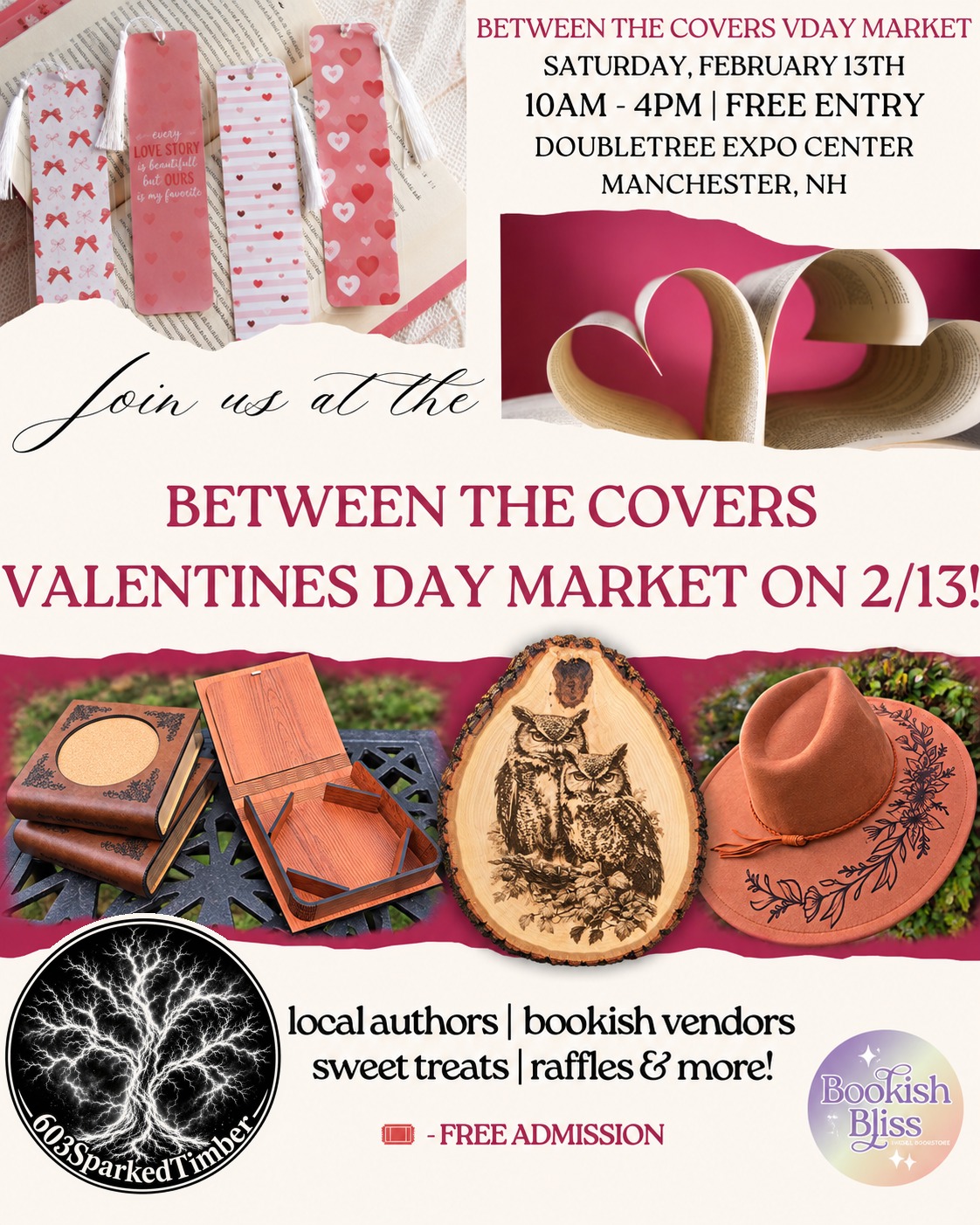 Between the Covers Valentine’s Day Market flyer featuring 603SparkedTimber products and logo