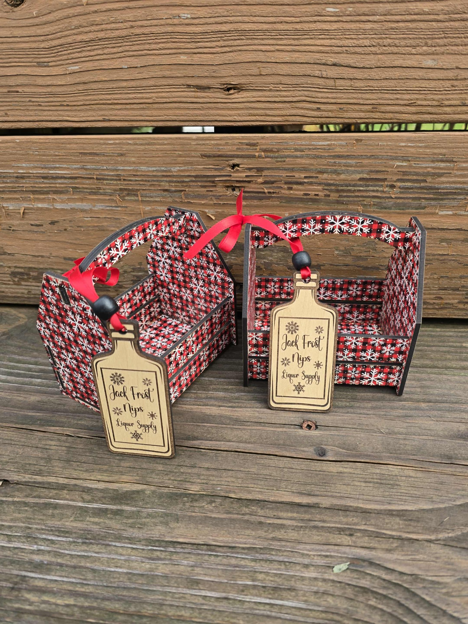 Handmade holiday gift baskets with wood and acrylic details