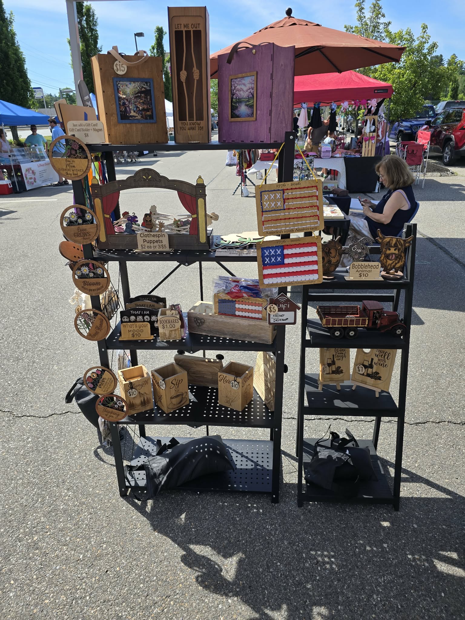 Side view of the 603SparkedTimber market display shelves and handmade pieces