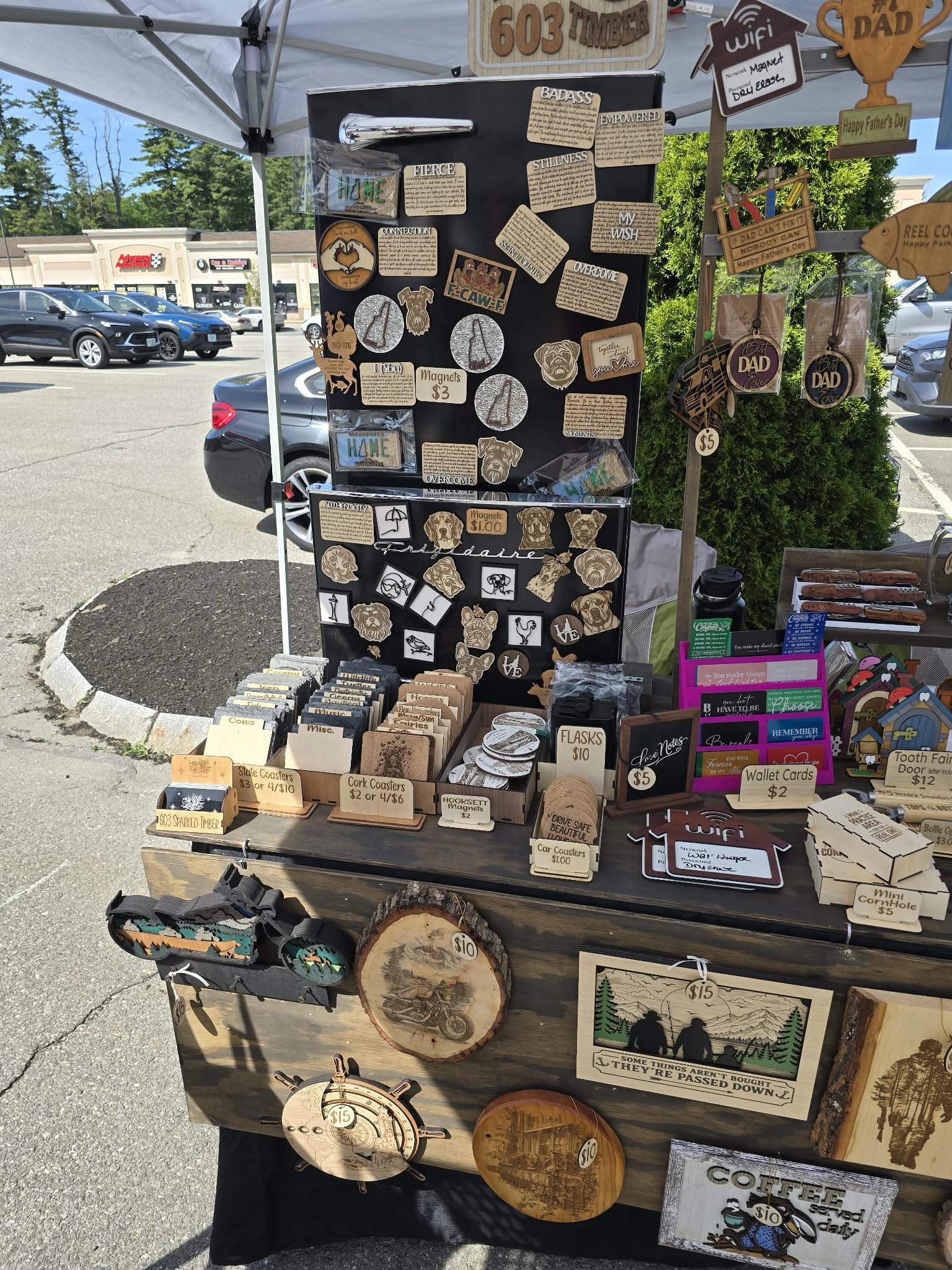 Close view of the 603SparkedTimber market table and handmade products