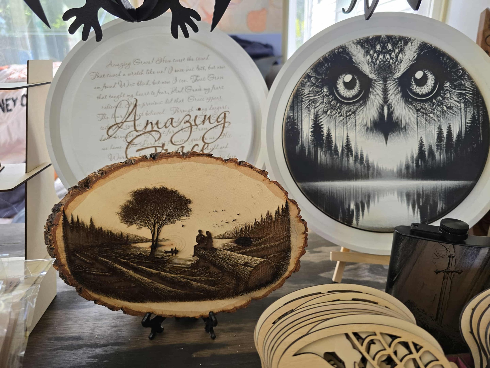 Collection of handmade woodland-themed wood art