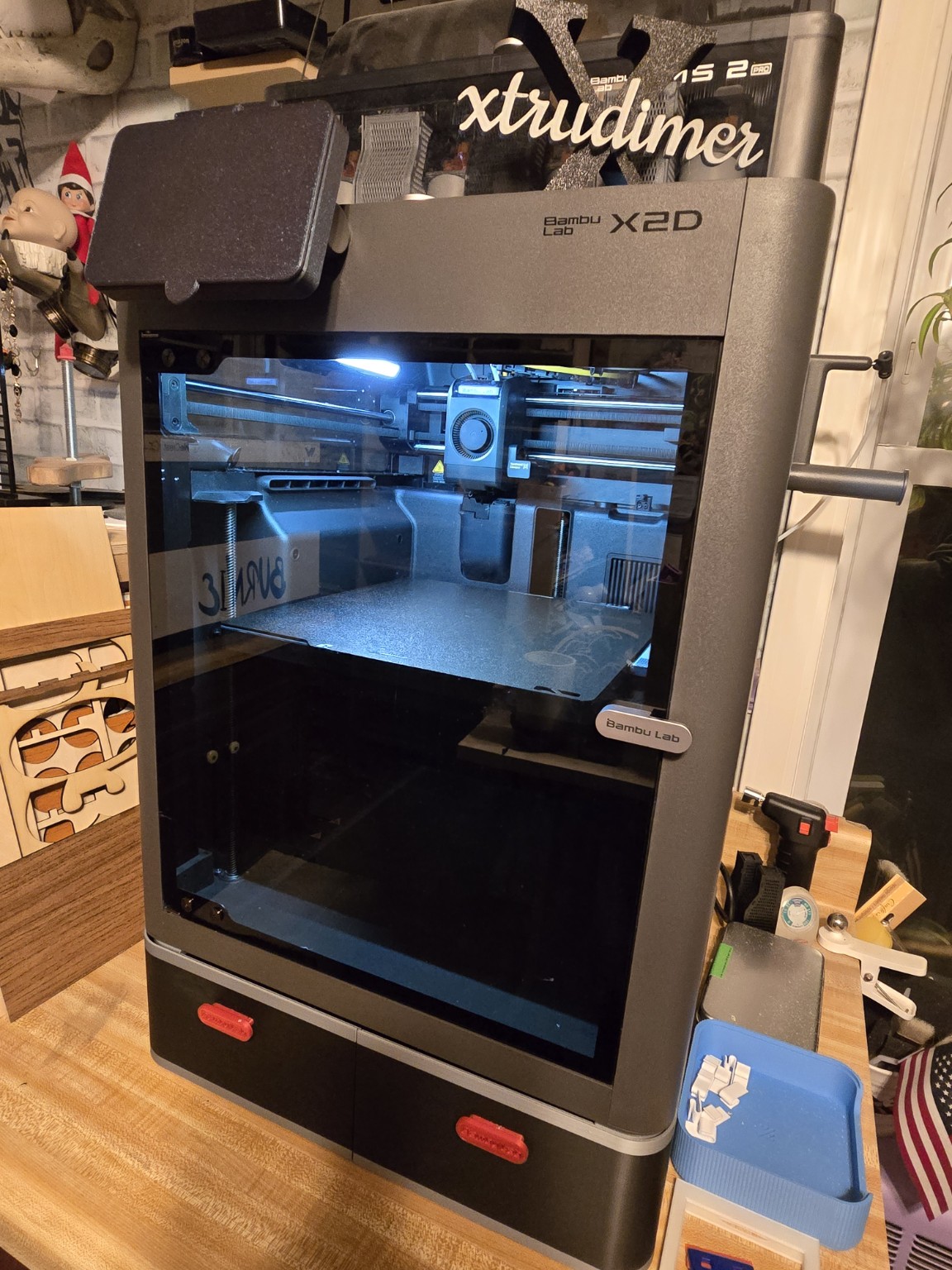 Bambu X2D 3D printer and Xtrudimer in the 603SparkedTimber workshop
